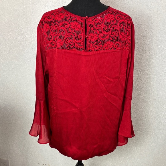 1011 I.N. Studio Red Lace Detail Blouse w/flare sleeves - Picture 5 of 10